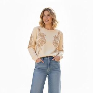 Calligraphie‎ Embroidered Pullover Sweatshirt S Ivory Floral Boho Shabby Chic XL